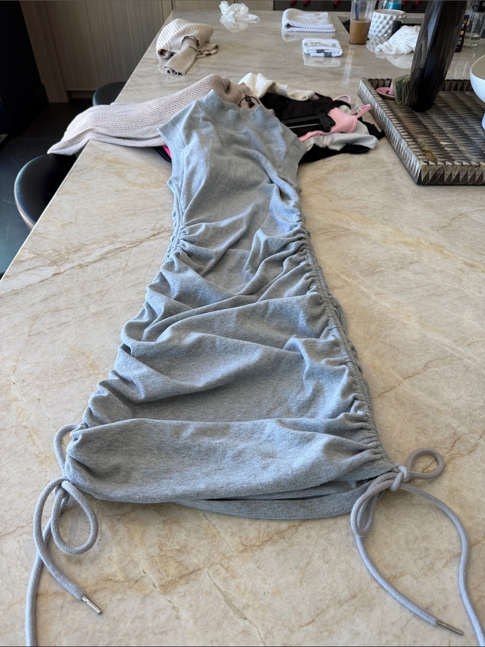 Sleeveless Ruched Tie-Side Chemise Slip in Light Gray